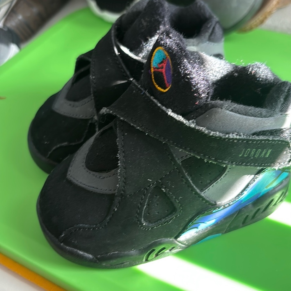 Jordan Kids Black and Gray Sneakers with Iridescent Blue Accent